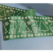Лента атласная с рисунком. 50мм. «Елки и олени»